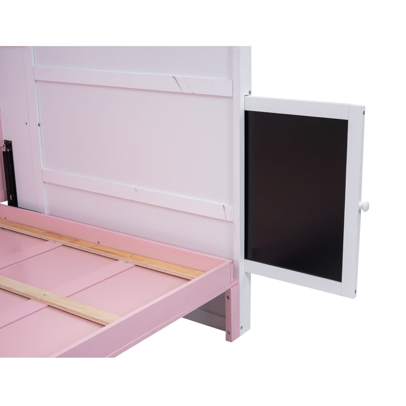 Wood Full Size House Murphy Bed with USB, Storage Shelves and Blackboard, Pink+White