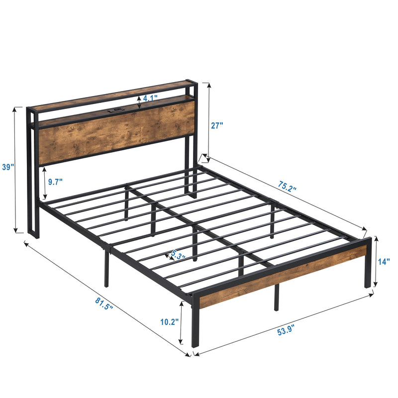 Full Size Metal Platform Bed Frame With Wooden Headboard And Footboard With USB Liner, LED Lights, No Box Spring Needed, Large Under Bed Storage - Brown