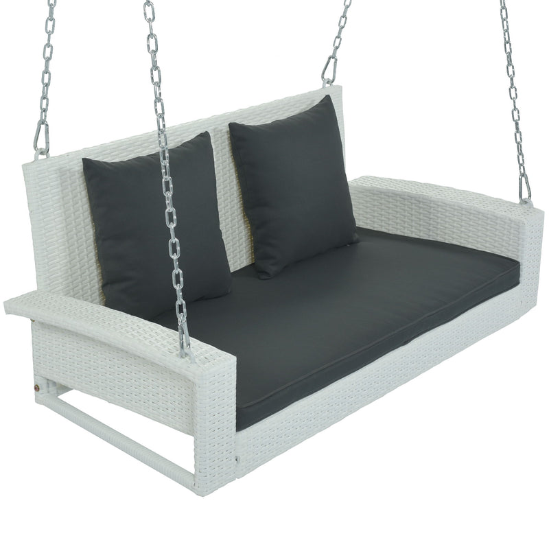 2 Person Wicker Hanging Porch Swing With Chains, Cushion, Pillow, Rattan Swing Bench For Garden, Backyard