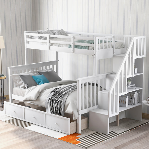 Stairway Twin-Over-Full Bunk Bed with Drawer, Storage and Guard Rail for Bedroom, Dorm, for Adults, White color(OLD SKU :LP000219AAK)