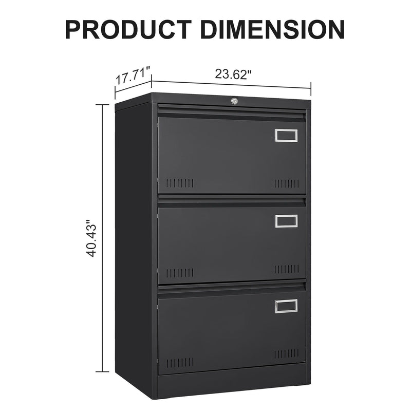 Filing Cabinet Lateral File Cabinet 3 Drawer, Blcak Locking Metal File Cabinets Three Drawer, Office Filing Cabinet With Lock Drawers For Home Office - Black