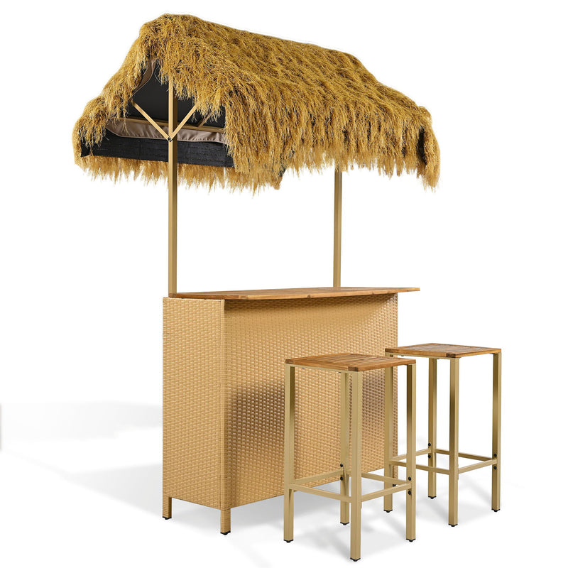 Hawaiian-Style Bar Height Patio Set With PE Grass Canopy, Outdoor Bar Table And Stools With Adjustable Feet, Acacia Wood Top, For Dining And Drinking - Natural