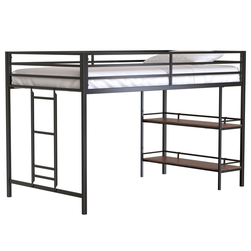 Adam - Junior Twin Loft Bunk Bed - Black With Cinnamon Wood Shelf