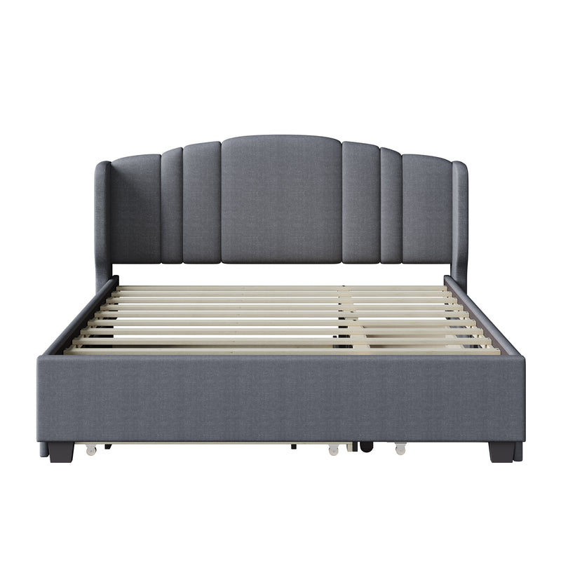 Upholstered Platform Bed with Wingback Headboard, One Twin Trundle and 2 Drawers, No Box Spring Needed, Linen Fabric, Queen Size Gray