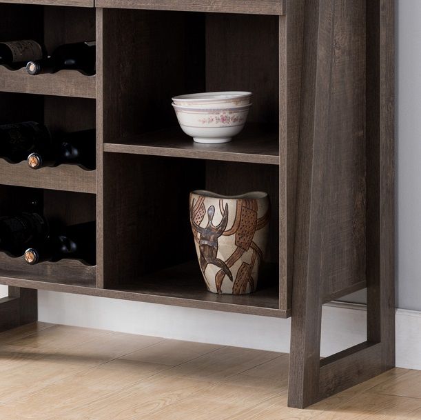 Wine Display Cabinet, Wine Rack With Multi Storage &Three Wine Bottle Compartments - Walnut Oak