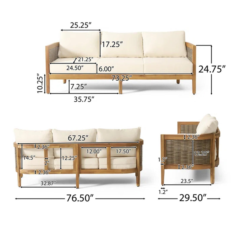 76.5'' Outdoor Acacia Wood and Round Wicker 3 Seater Patio Sofa, Teak + Mixed Brown + Beige