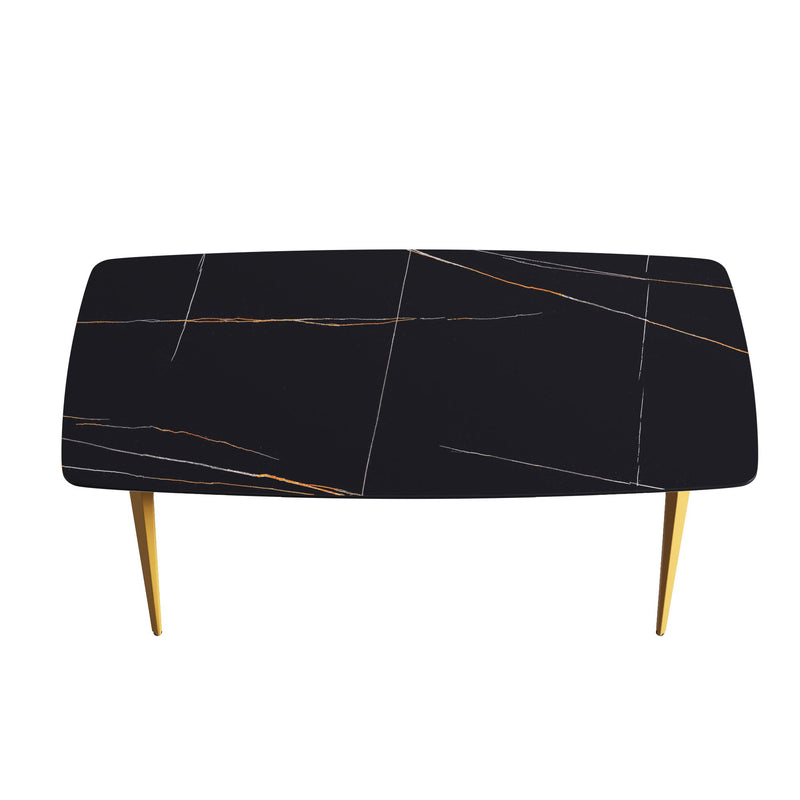 70.87" Modern Artificial Stone Black Curved Golden Metal Leg Dining Table, Can Accommodate 6-8 People - Black / Gold