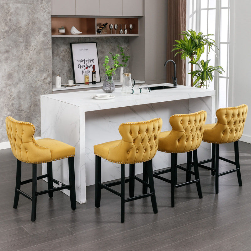 Contemporary Velvet Upholstered Wing-Back Barstools With Button Tufted Decoration And Wooden Legs, And Chrome Nailhead Trim, Leisure Style Bar Chairs, Bar Stools (Set of 2)