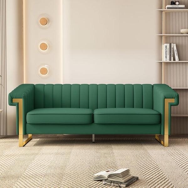 Fx-P81Pu-Gr Sofa Modern Sofa With Gold Accents, Sleek Channel-Tufted Upholstery, 3-Seat Couch For Living Room And Office Decor (Temu Suitable) - Retro Green