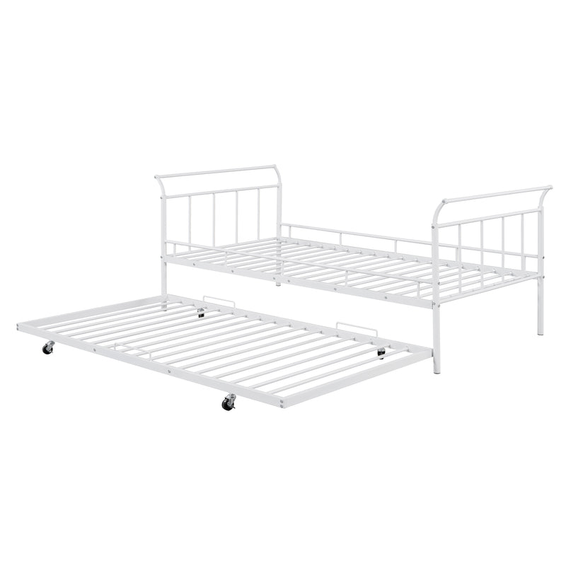 Twin Size Metal Daybed with Curved Handle Design and Twin Size Trundle, White