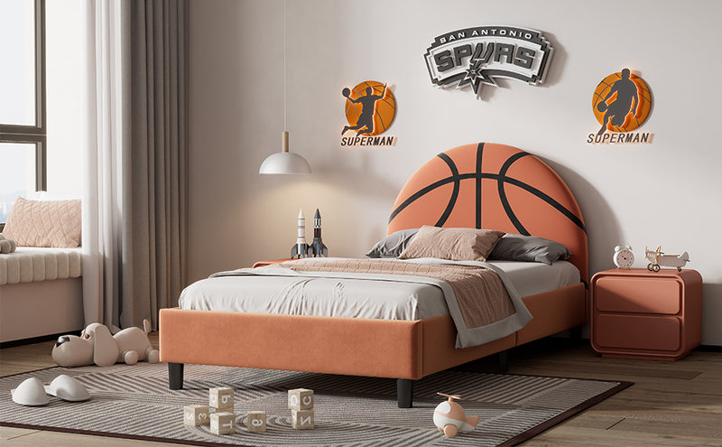 Basketball Design Upholstered Twin Platform Bed Sport Style Bed for Boys & Girls, Teens, Orange