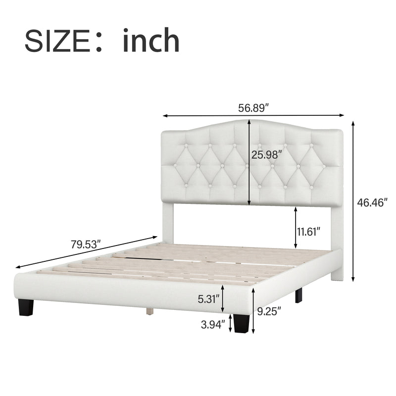 Upholstered Platform Bed with Saddle Curved Headboard and Diamond Tufted Details, Full, Beige