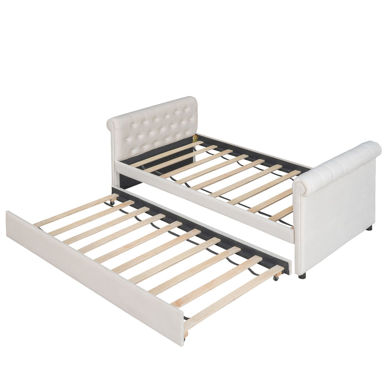 Twin Size Upholstered Daybed With Trundle, Wood Slat Support - Beige