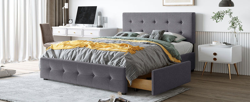 Queen Size Upholstered Platform Bed With Classic Headboard And 4 Drawers, No Box Spring Needed - Dark Gray