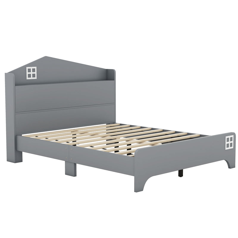 Wooden Full Size House Bed with Storage Headboard ,Kids Bed with Storage Shelf,Grey