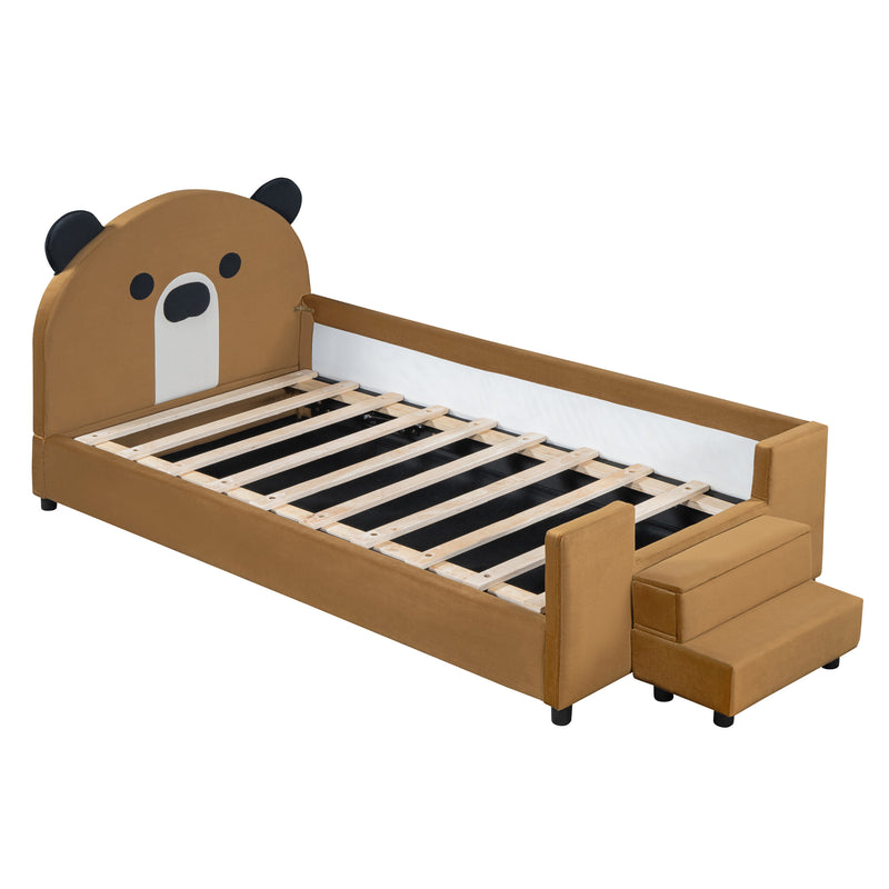 Twin Size Upholstered Daybed with Bear Shaped Headboard, Hydraulic System and Breathable Mesh Fence, Brown