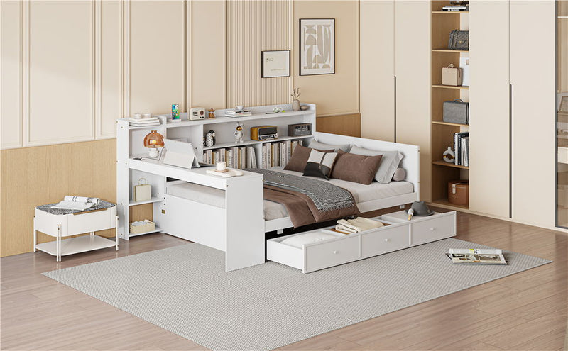 Full Size Wooden Daybed With 3 Drawers, USB Ports And Desk - White