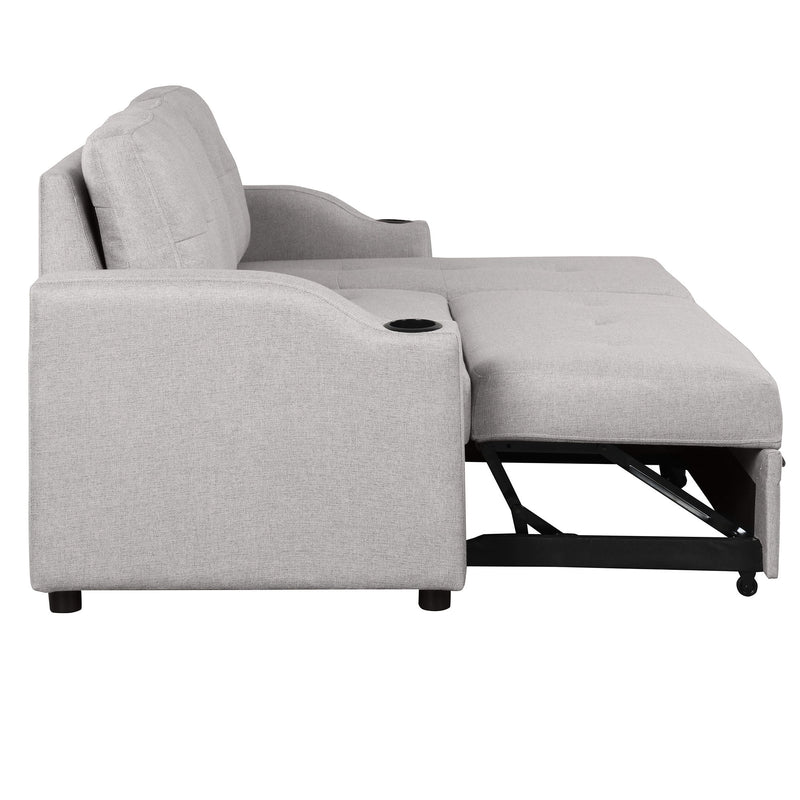 Pull Out Sofa Bed Modern Padded Upholstered Sofa Bed, Linen Fabric 3 Seater Couch With Storage Chaise And Cup Holder, Small Couch For Small Spaces