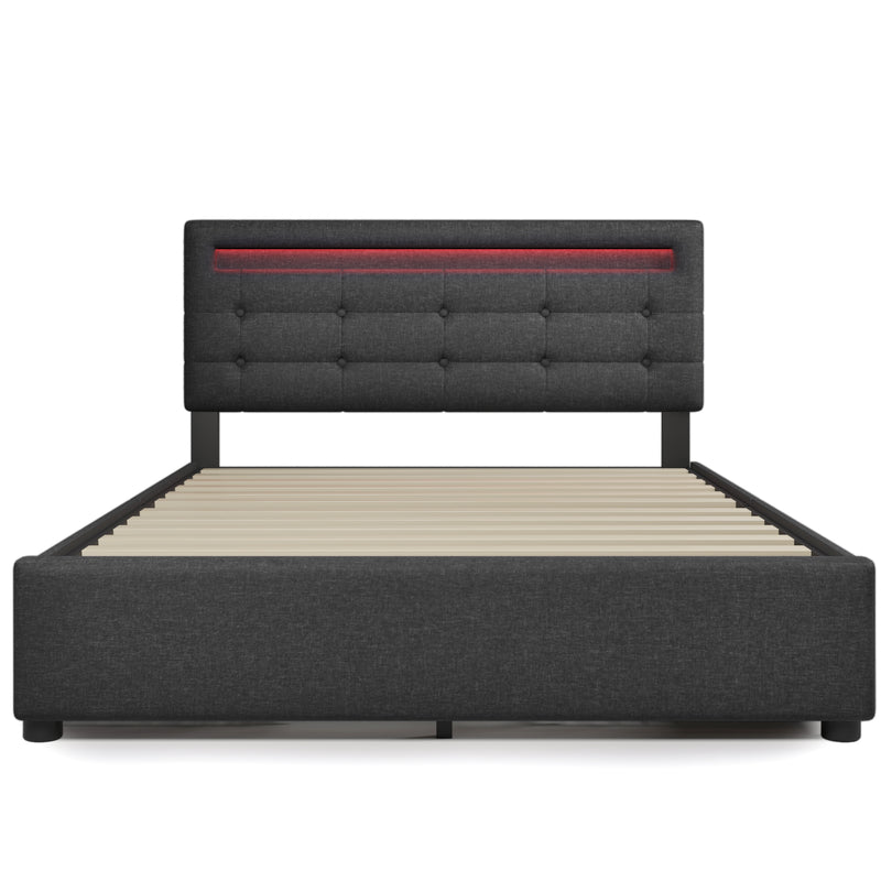 Bed Frame Queen Size, Upholstered Platform Bed Frame with 4 Storage Drawers and LED Lights & Adjustable Headboard,No Box Spring Needed,Grey