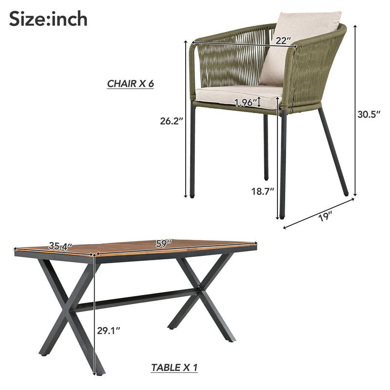 7 Pieces Patio Dining Set, All-Weather Outdoor Furniture Set With Dining Table And Chairs, Acacia Wood Tabletop, Metal Frame, For For Garden, Backyard, Balcony - Green