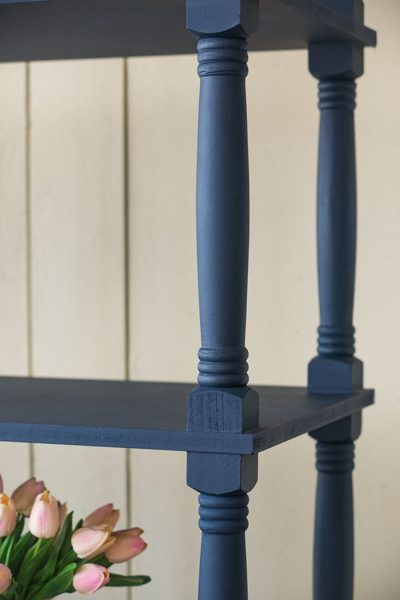 Four Tiered Wooden Shelf With Two Drawers, Farmhouse Wood Bookcase Display Storage Shelf Etageres - Antique Navy Blue