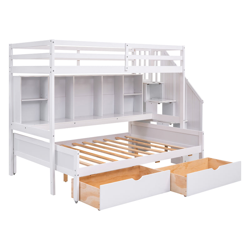 Twin XL over Full Bunk Bed with Built-in Storage Shelves, Drawers and Staircase,White