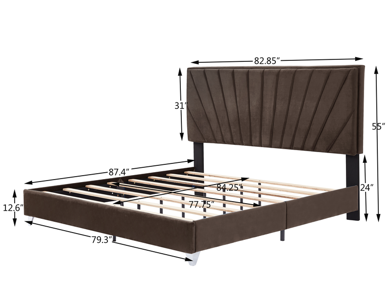 B108 King bed with one nightstand, Beautiful line stripe cushion headboard , strong wooden slats + metal legs with Electroplate