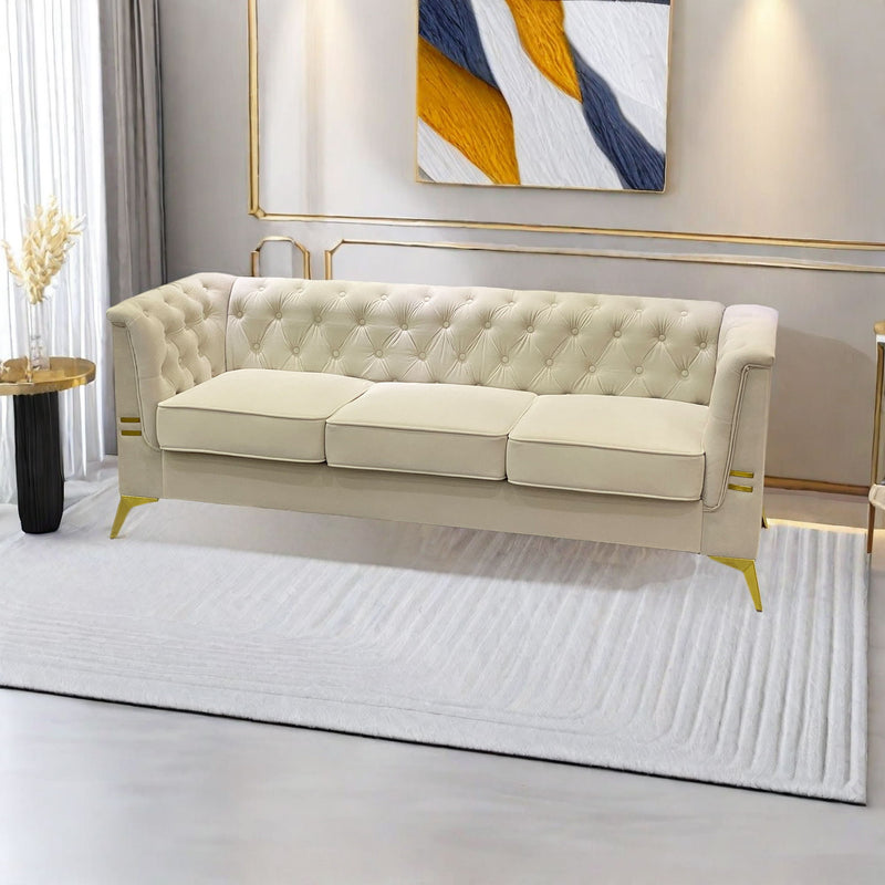 FX-P83-CW (Sofa) Modern Velvet Living Room Chesterfield Design Sofa - Beige