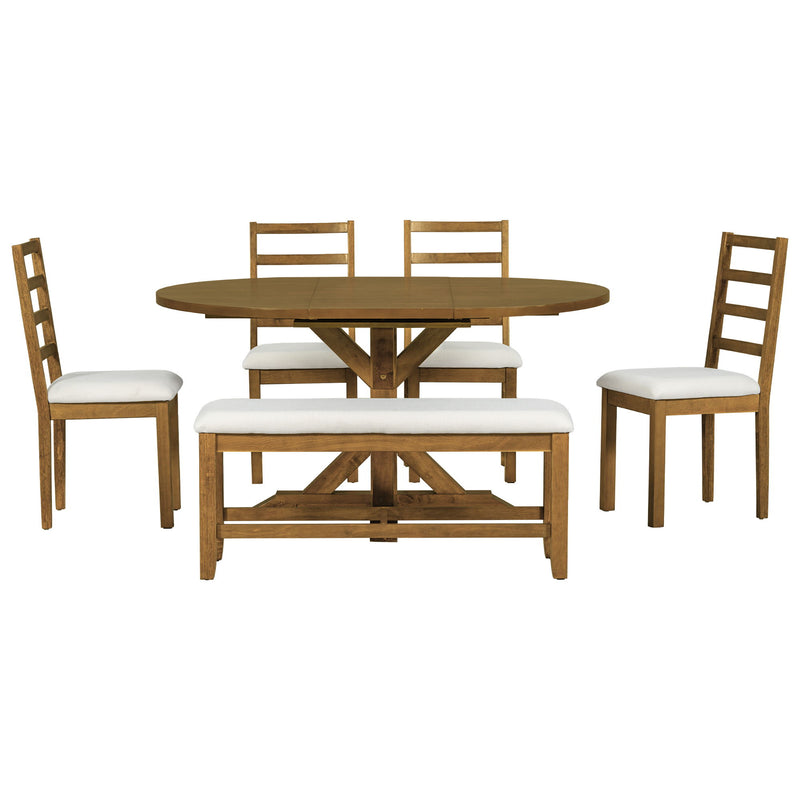 Topmax - 6 Piece Farmhouse Extendable Pedestal Dining Table Set With 18Inch Removable Leaf, Bench And 4 Ladder Back Dining Chairs