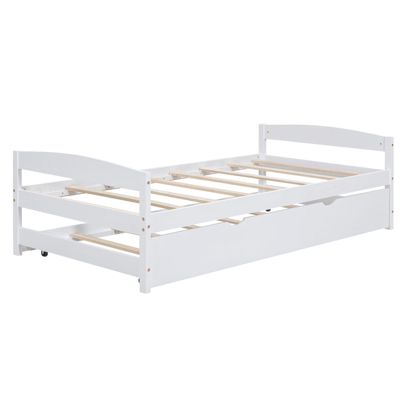 Twin Size Platform Bed with Twin Size Trundle, White