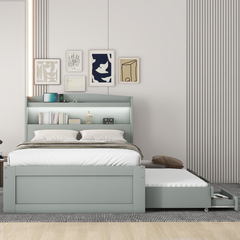 Twin XL Size Platform Bed with Storage LED Headboard, Charging Station, Twin Size Trundle and 2 Drawers, Gray