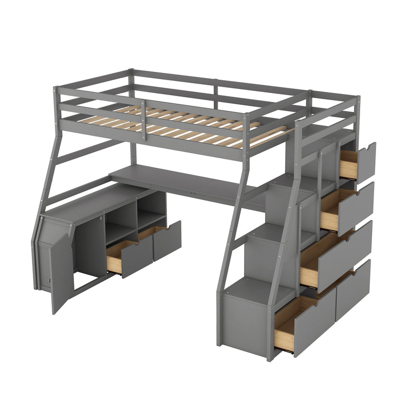 Twin Size Loft Bed with 7 Drawers 2 Shelves and Desk - Gray