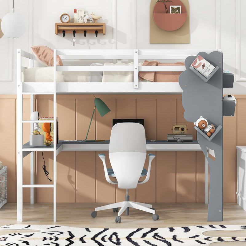 Twin Size Loft Bed with L-shaped Desk,Tree Shape Bookcase and Charging Station, White+Gray