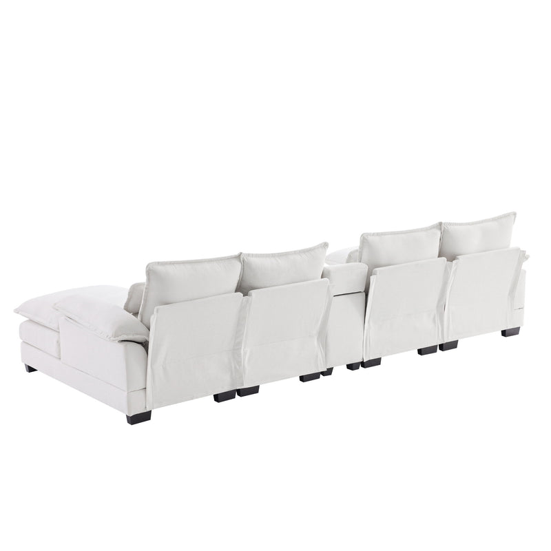 Modern U Shaped Sofa With Console, Cupholders And USB Ports, 6 Seat Upholstered Symmetrical Indoor Furniture, Sleeper Couch Set With Chaise For Living Room, Apartment, 2 Colors - White