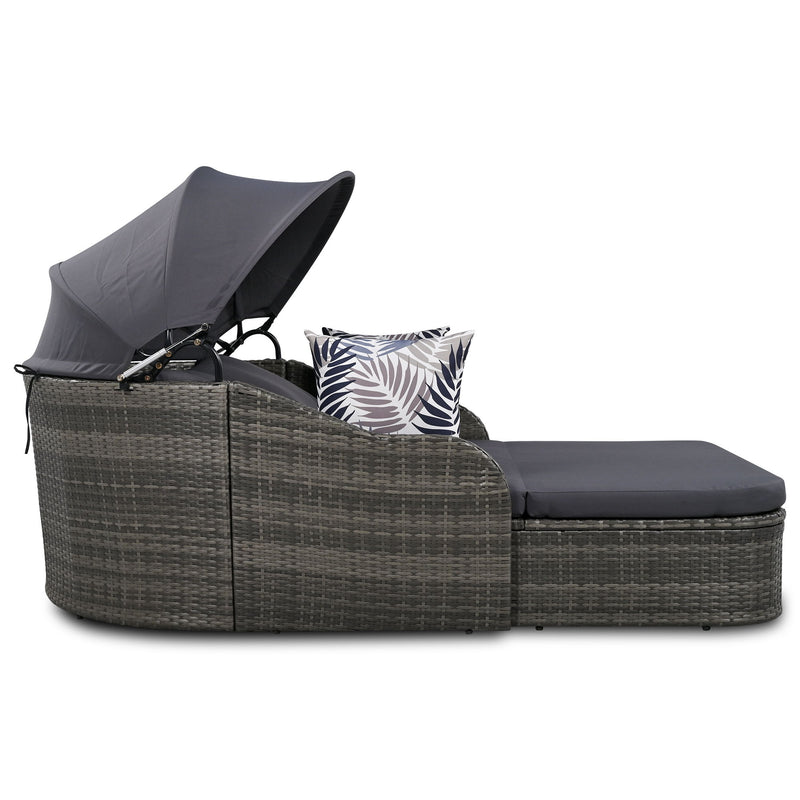 Outdoor Sunbed With Adjustable Canopy, Daybed With Pillows, Double Lounge, PE Rattan Daybed