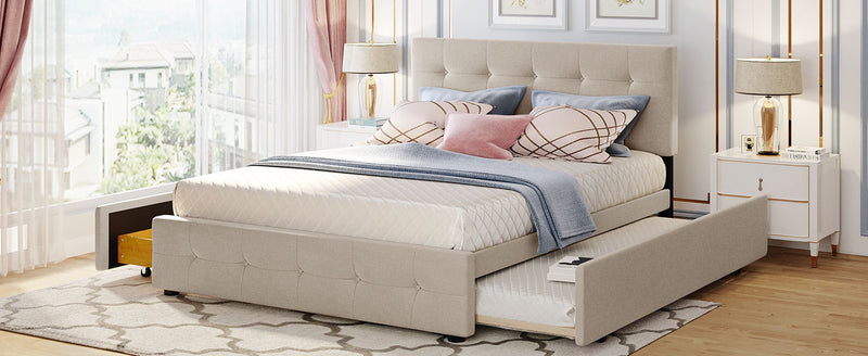 Upholstered Platform Bed with 2 Drawers and 1 Twin XL Trundle,  Linen Fabric, Queen Size - Dark Beige(OLD SKU :LP000314AAA)