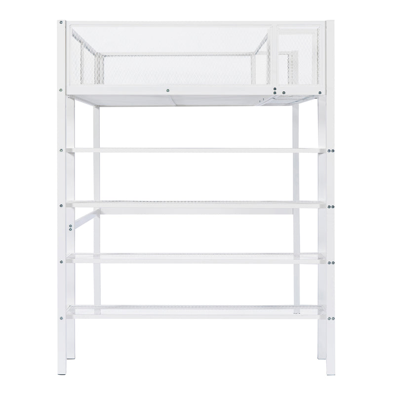 Twin Size Metal Loft Bed with 4-Tier Shelves and Storage, White