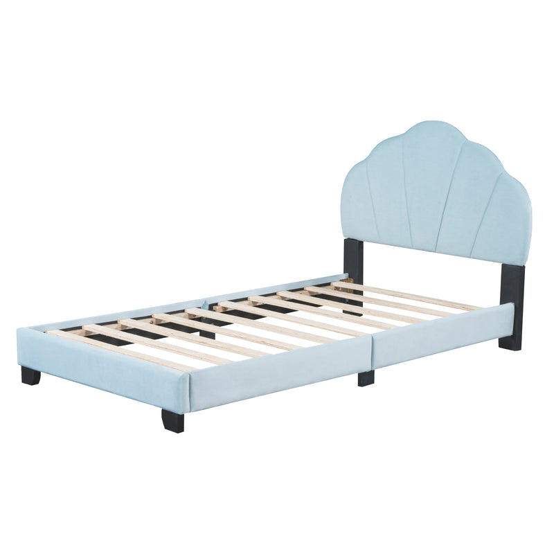 Twin Size Upholstered Velvet Platform Bed with Shell-Shaped Headboard, Blue