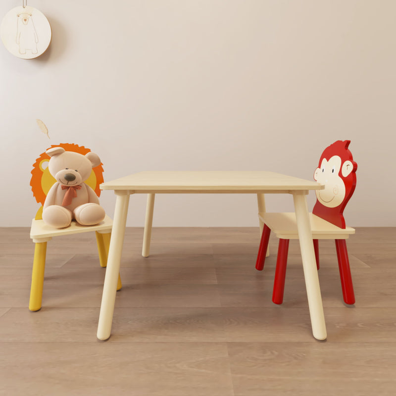 Wooden Activity 3 Pieces Toddler Table And Chair Set (Lion&Monkey) - Beige