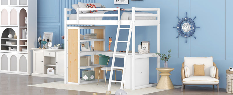 Twin Size Loft Bed with Ladder, Shelves, and Desk, White(OLD SKU:LT000225AAK)