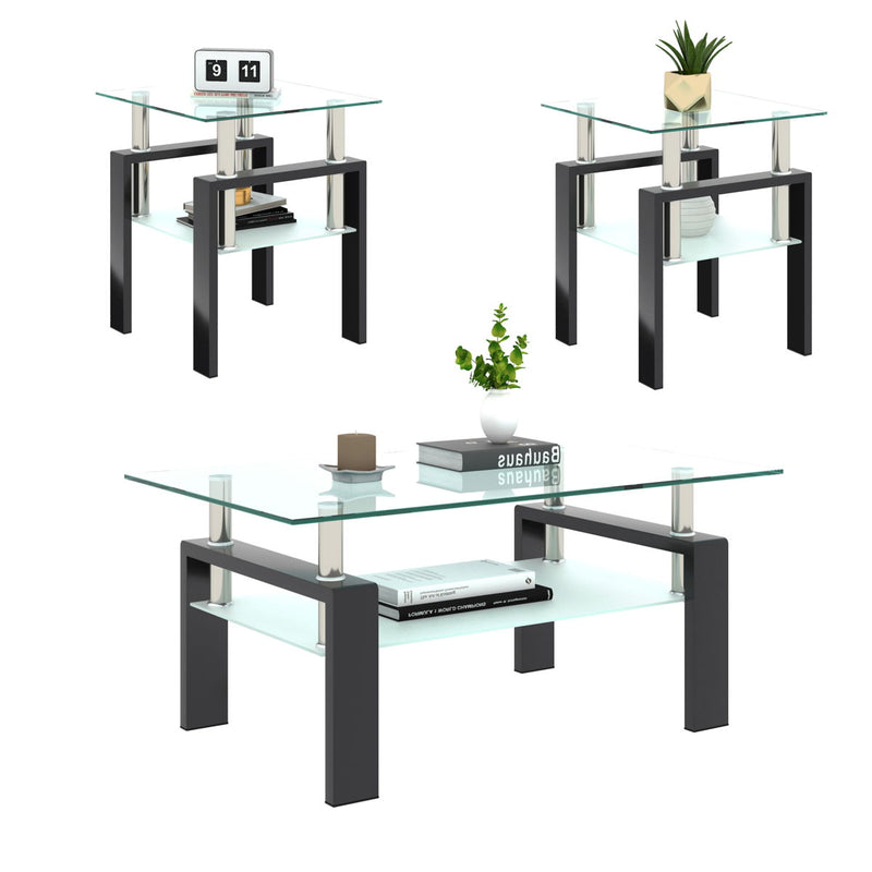 Modern Tempered Glass Tea Table, End Square Table For Living Room (Set of 2) - Transparent / Black