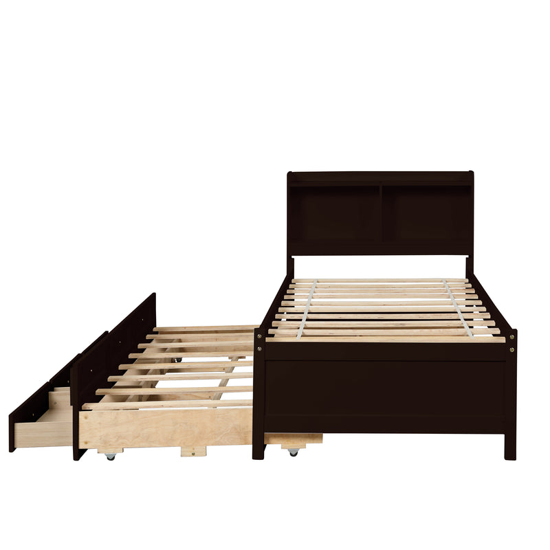 Twin Bed with Bookcase,Twin Trundle,Drawers,Espresso