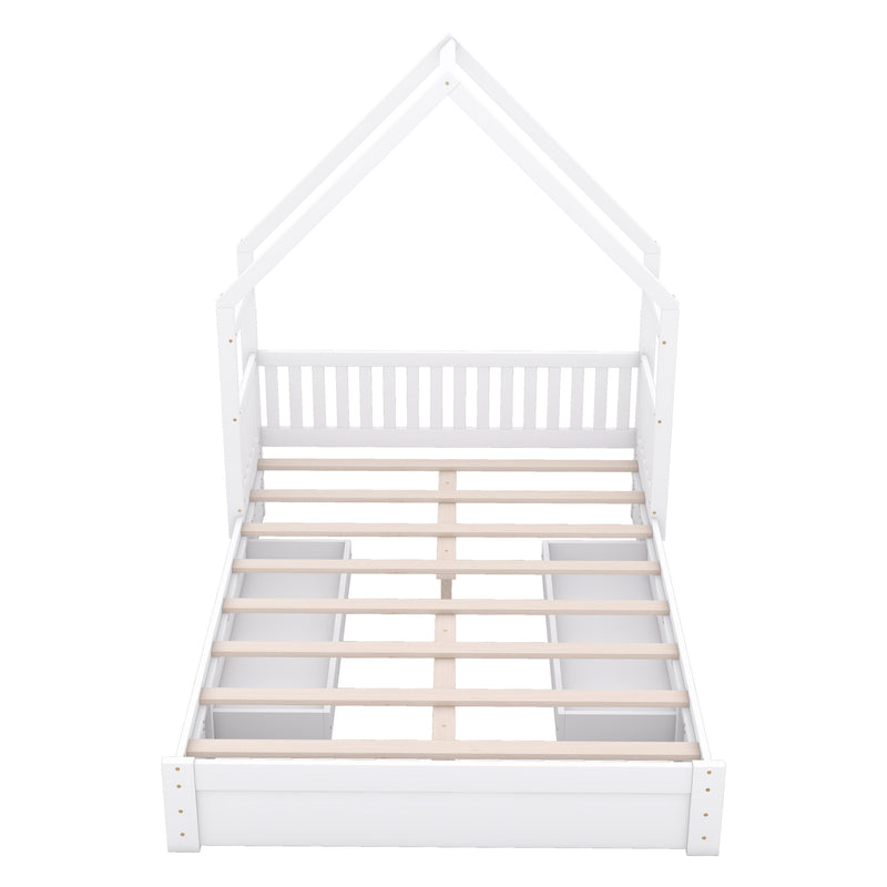 Wood Queen Size House Platform Bed with Guardrail and 2 Drawers, White (Expected Arrival Time:4.26)