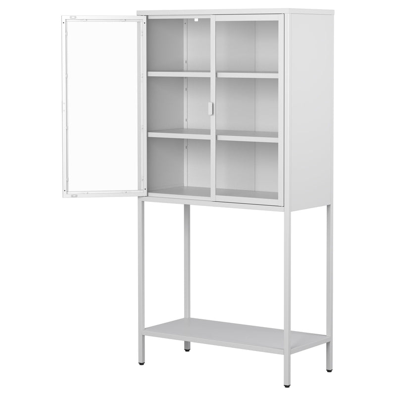 Heavy Duty Metal Storage Cabinet, Display Storage Cabinet With Glass Doors And 2 Adjustable Shelves, Tall Bookcase Modern Bookshelf Cabinet For Home Office, Living Room, Pantry - White