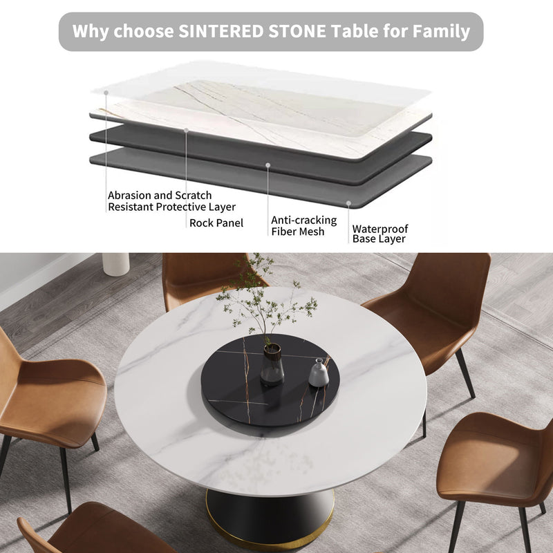 53" Modern Artificial Stone Round Carbon Steel Base Dining Table, Can Accommodate 6 People, Black Artificial Stone Turntable - White / Black