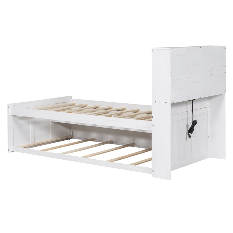 Twin Size Platform Bed with Storage Headboard, Charging Station, Twin Size Trundle and 3 Drawers, Antique White