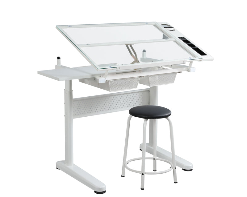 Hand Crank Adjustable Drafting Table Drawing Desk With 2 Metal Drawers With Stool - White