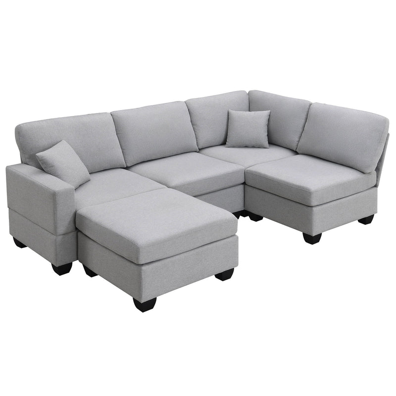 Modern Sectional Sofa, 5-Seat Modular Couch Set With Convertible Ottoman, L-Shape Linen Fabric Corner Couch Set With 2 Pillows For Living Room, Apartment, Office