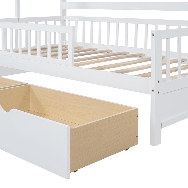 Wooden Twin Size House Bed with 2 Drawers,Kids Bed with Storage Shelf, White