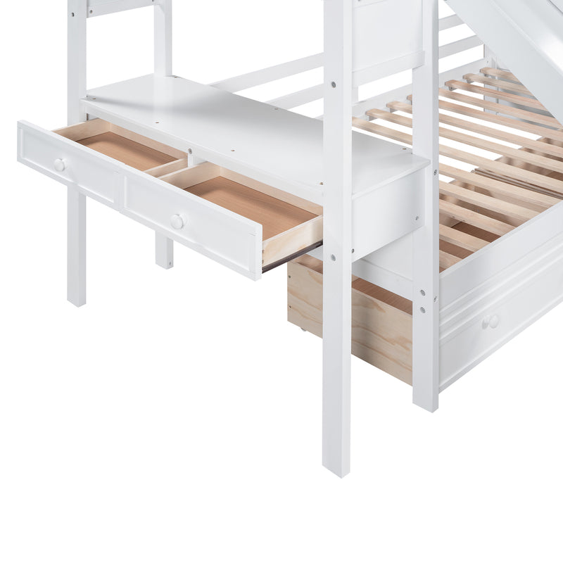 Twin over Twin Bunk Bed with Storage Staircase, Slide and Drawers, Desk with Drawers and Shelves, White